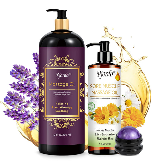 Bottle of lavender massage oil with a rollerball