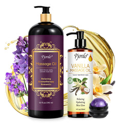 Pjordo Lavender and Vanilla Massage Oil bottles with roller ball