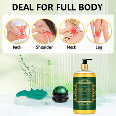 Gift set with massage oil, roller ball and thumb saver massager