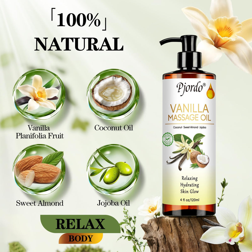 Vanilla massage oil bottle featuring vanilla planifolia and jojoba oils