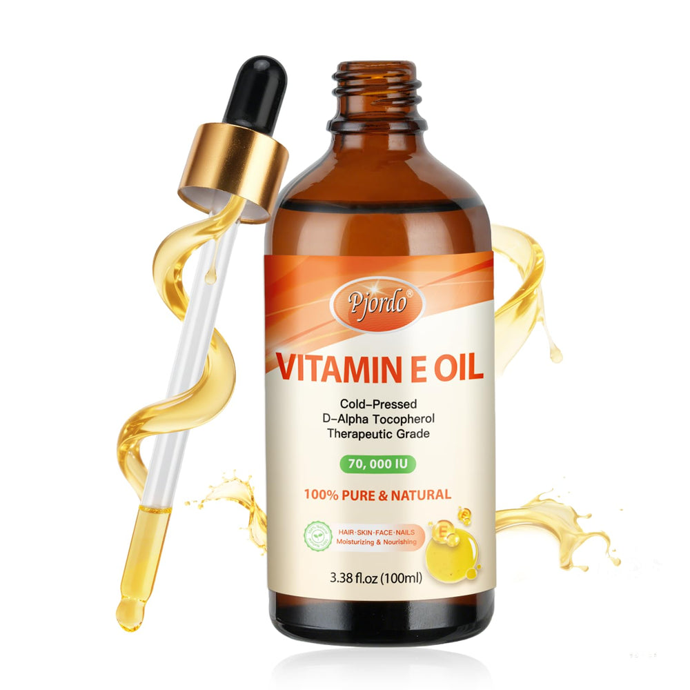 Pjordo Vitamin E Oil bottle front view, 70,000 IU, 100% pure & organic