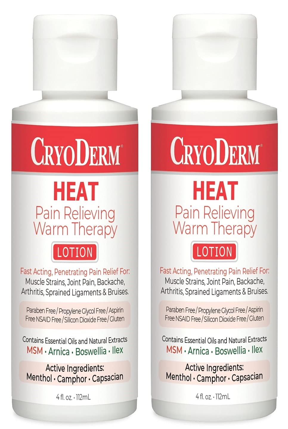 Two CryoDerm Heat Lotion 4 oz bottles - packaging front view