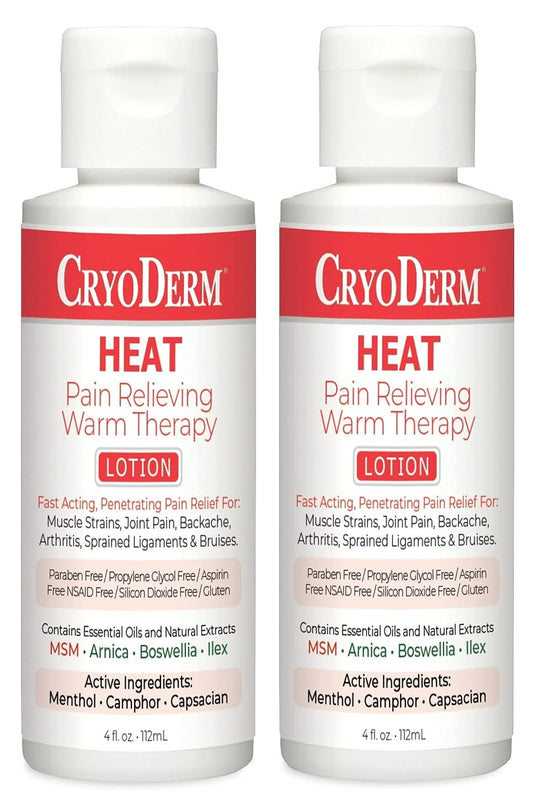 Two CryoDerm Heat Lotion 4 oz bottles - packaging front view