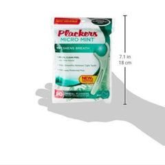 Close-up of Plackers Micro Mint dental flossers with dual action design and mint flavor