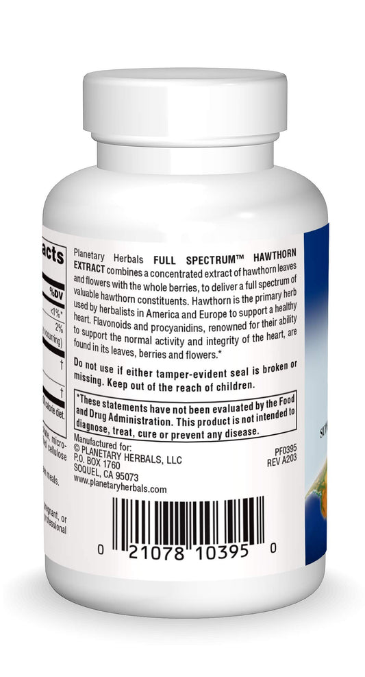 Back view of Planetary Herbals Hawthorn Extract Tablets bottle with label