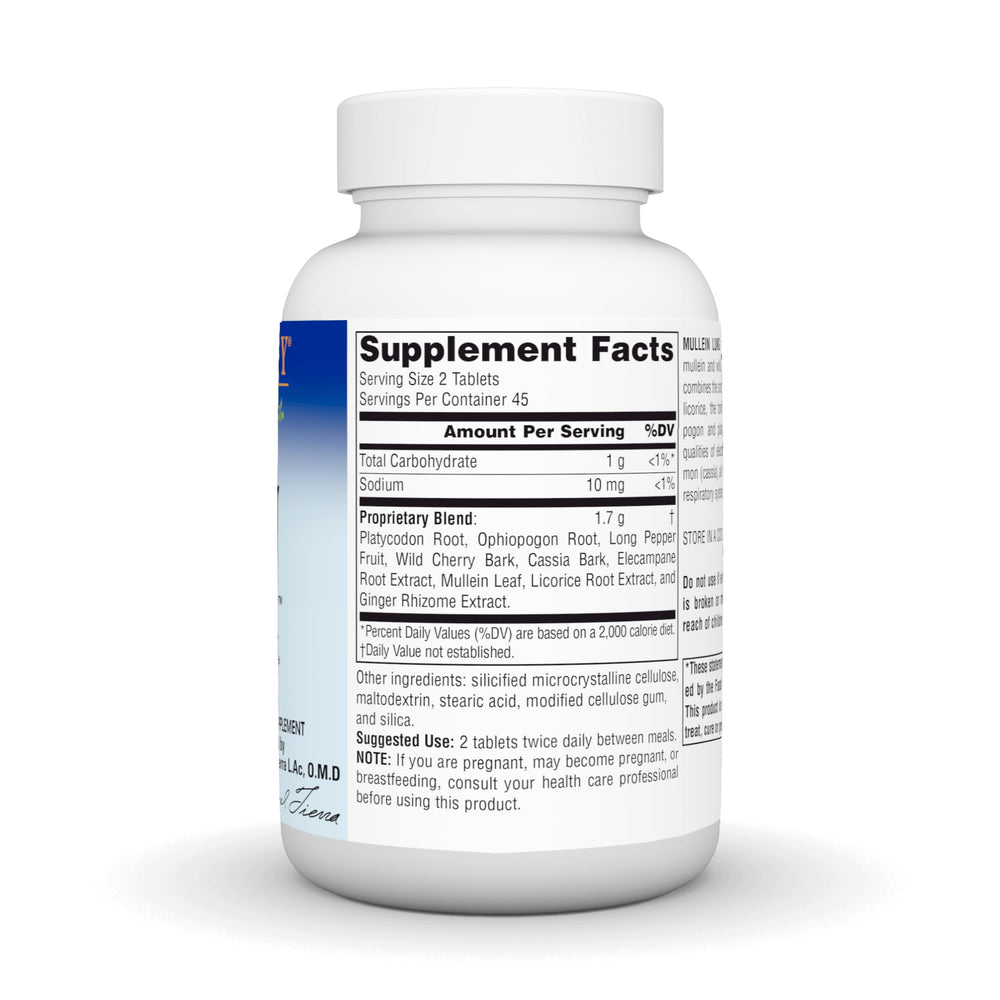 Close-up view of Mullein Lung Complex bottle and tablets