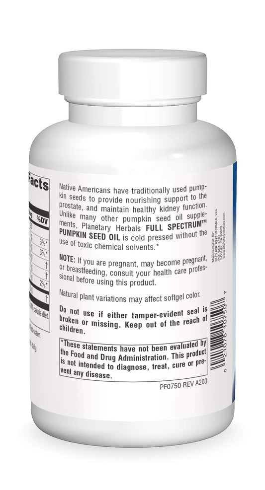 Close-up of Planetary Herbals Pumpkin Seed Oil bottle