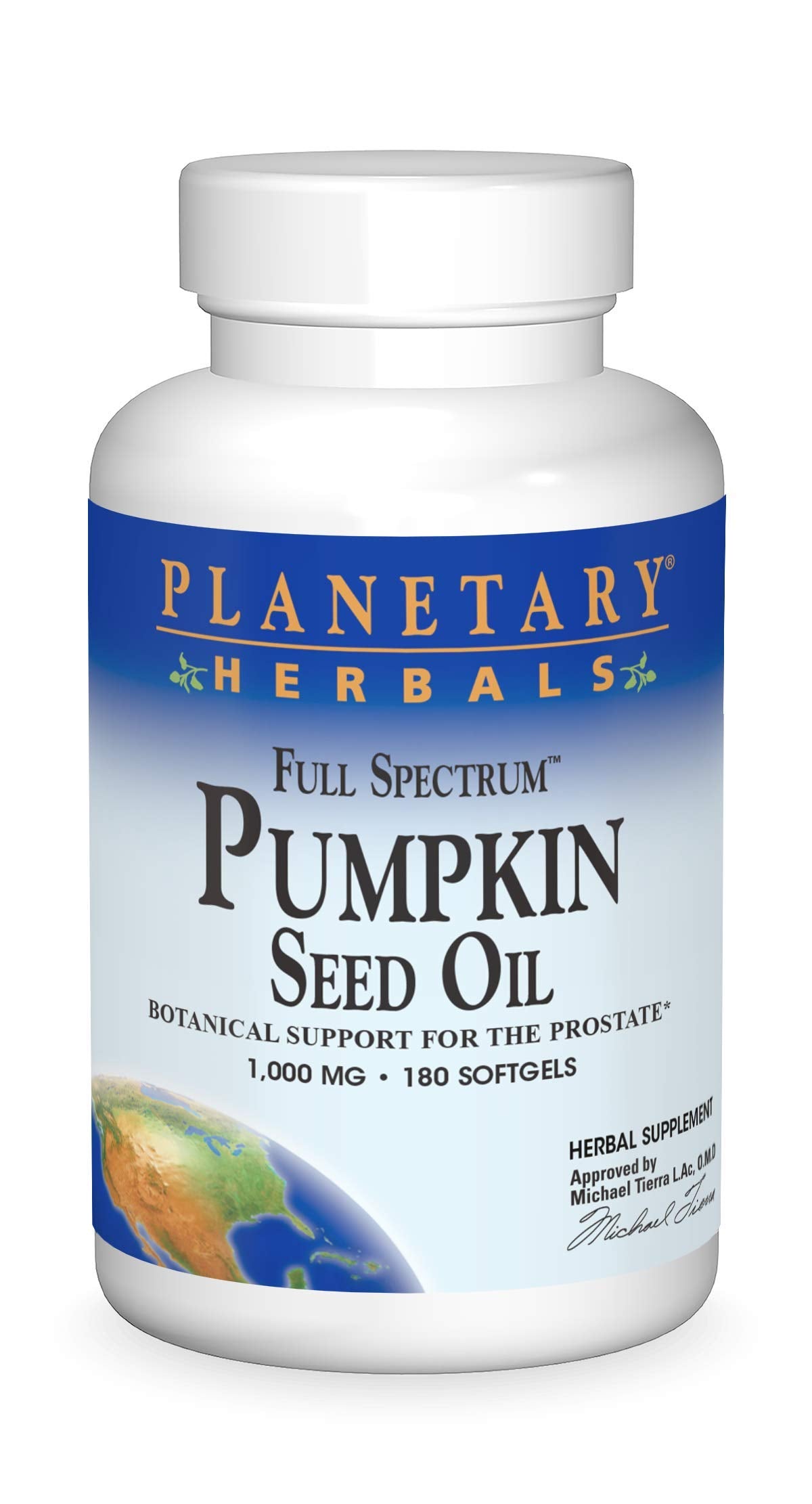Front view of Planetary Herbals Full Spectrum Pumpkin Seed Oil bottle with label