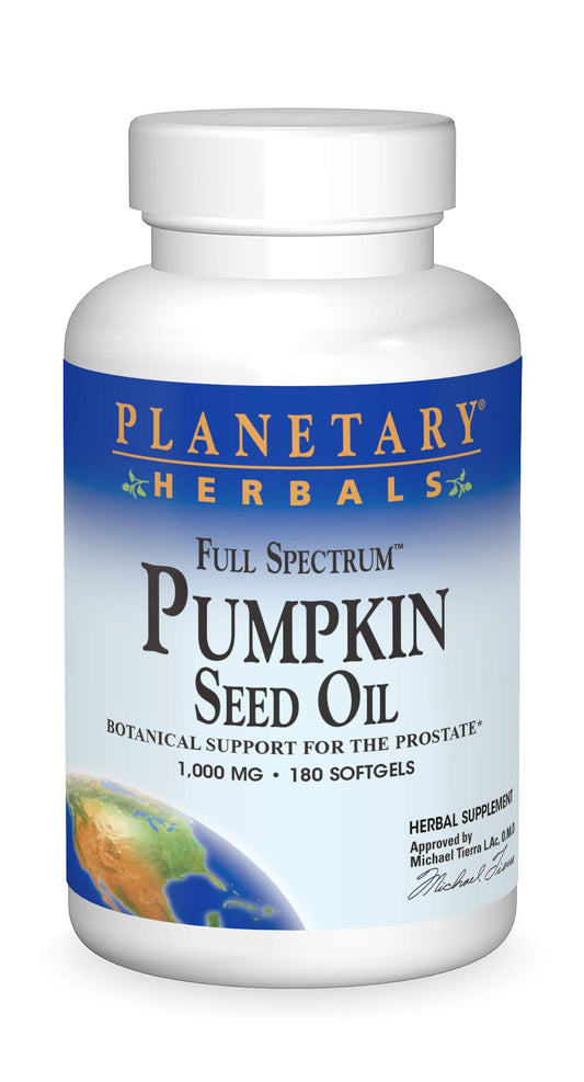 Front view of Planetary Herbals Full Spectrum Pumpkin Seed Oil bottle with label