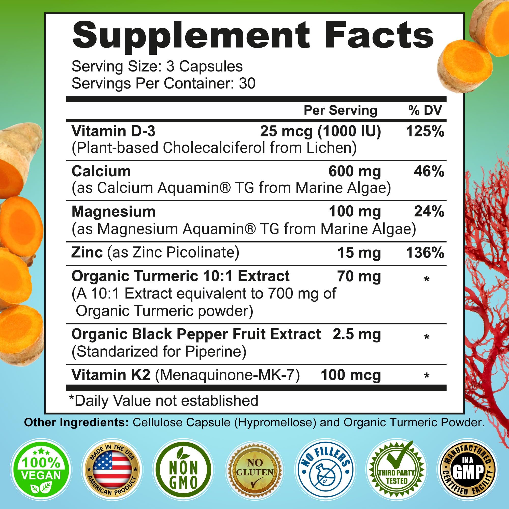 Ingredient close-up of calcium, magnesium, zinc, D3, K2 and turmeric