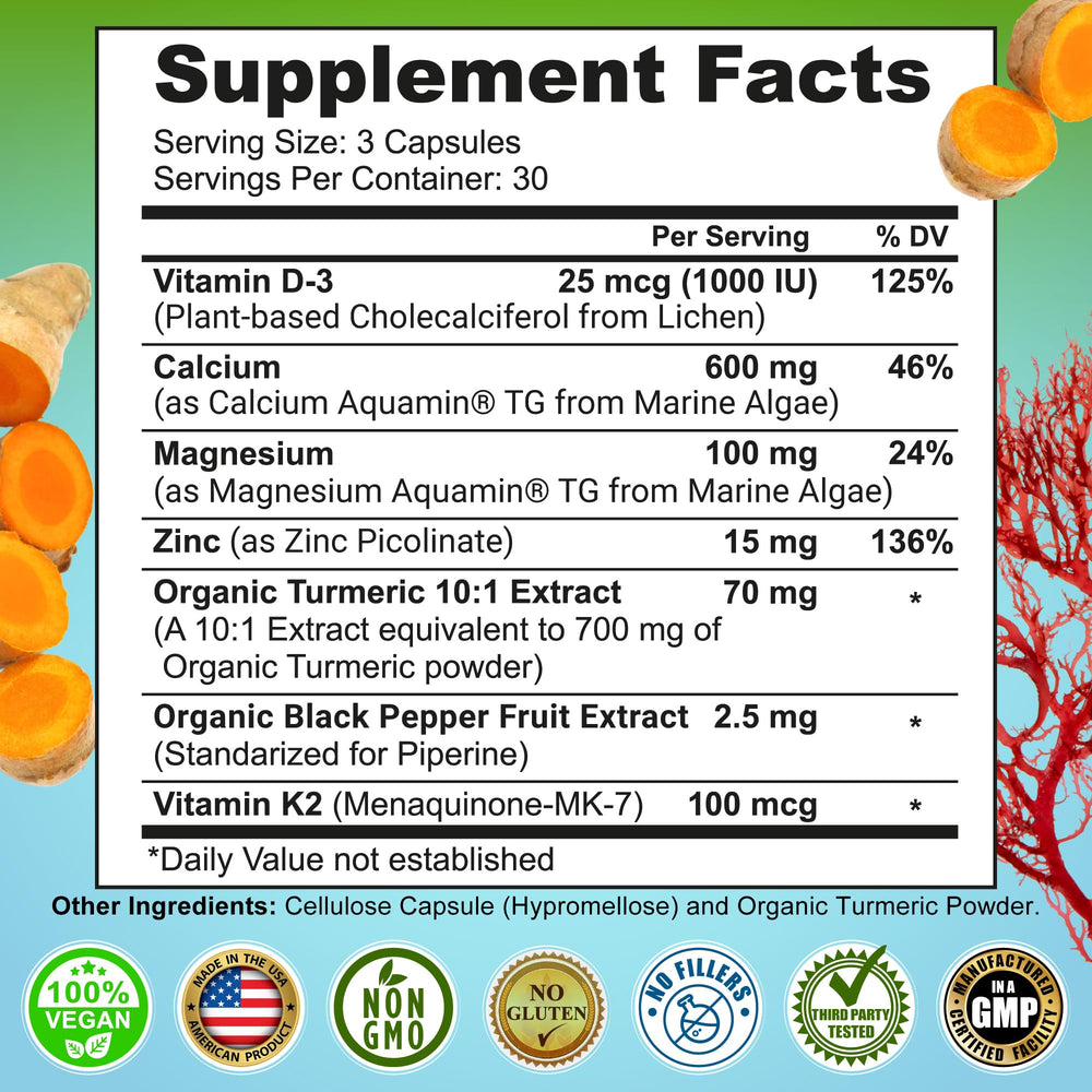 Ingredient close-up of calcium, magnesium, zinc, D3, K2 and turmeric