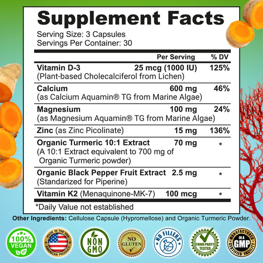 Ingredient close-up of calcium, magnesium, zinc, D3, K2 and turmeric