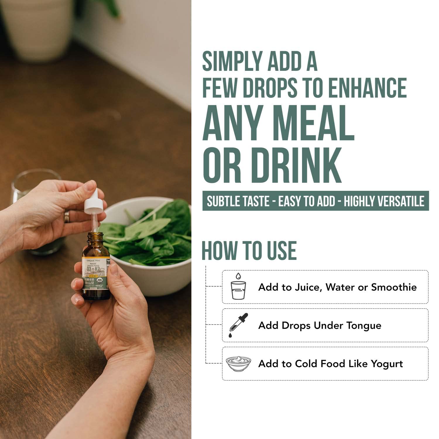 Plant-based, organic, vegan vitamin D3 + K2 infographic