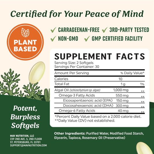 Close-up of plant-based DHA and EPA algae oil softgels