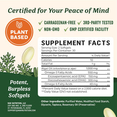 Close-up of plant-based DHA and EPA algae oil softgels