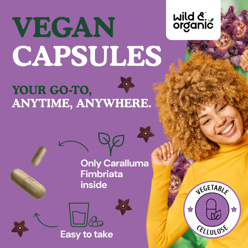 Plant-based ingredients with vegan and non-GMO icons for Caralluma supplement