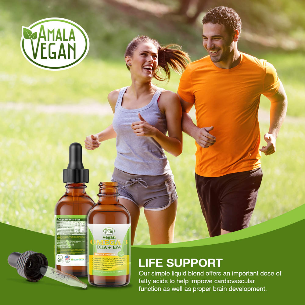 Plant-based omega-3 liquid dietary supplement bottle close-up
