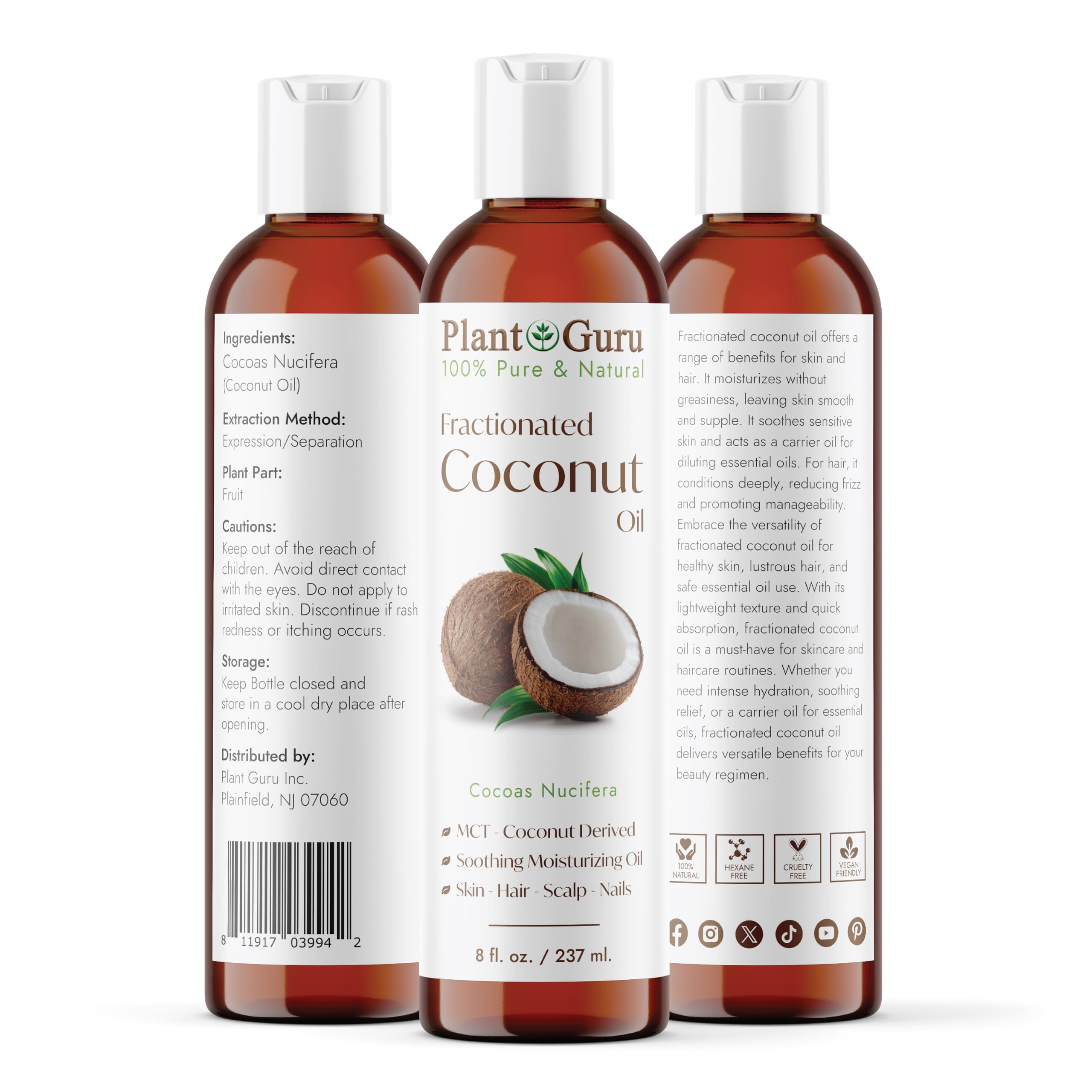 Side view of Plant Guru Fractionated Coconut Oil bottle