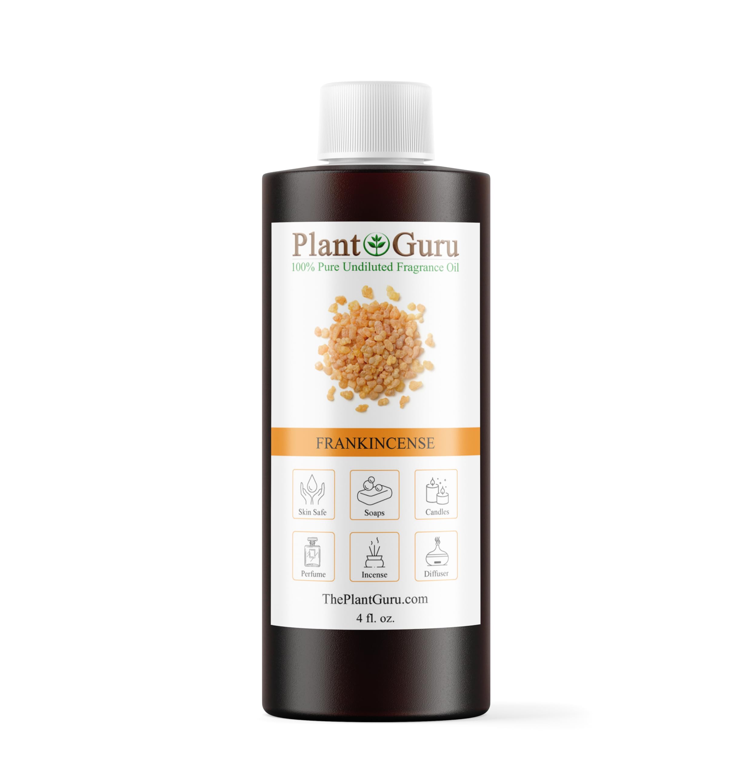 Plant Guru Frankincense Fragrance Oil bottle showcases resin scent ideal for diffusers.