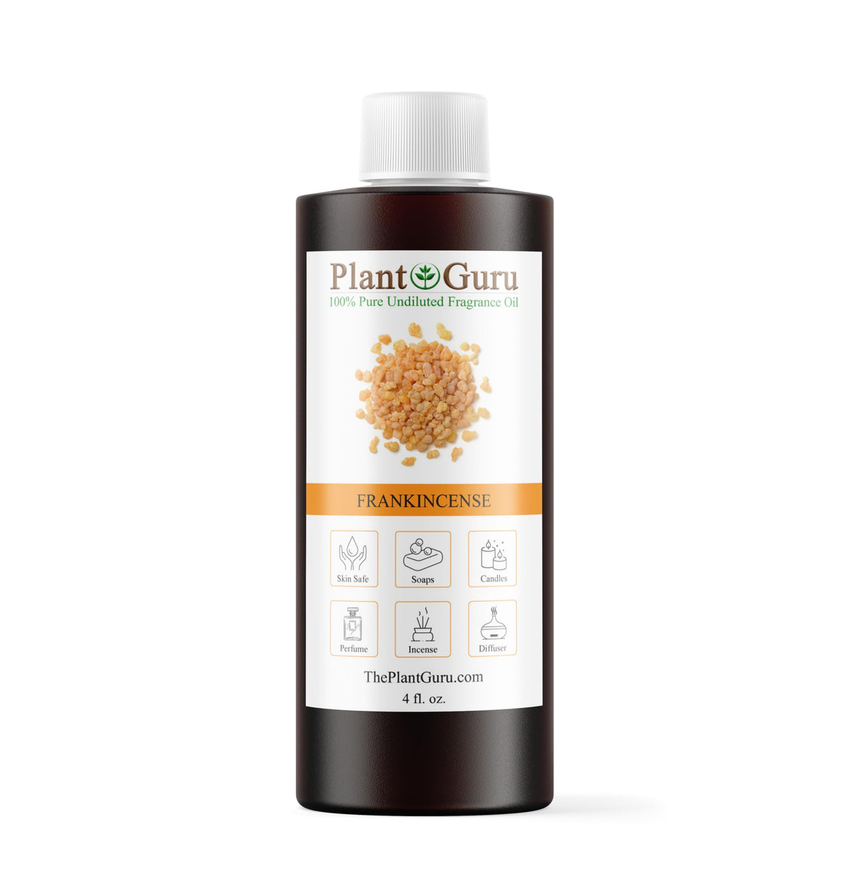 Plant Guru Frankincense Fragrance Oil bottle showcases resin scent ideal for diffusers.