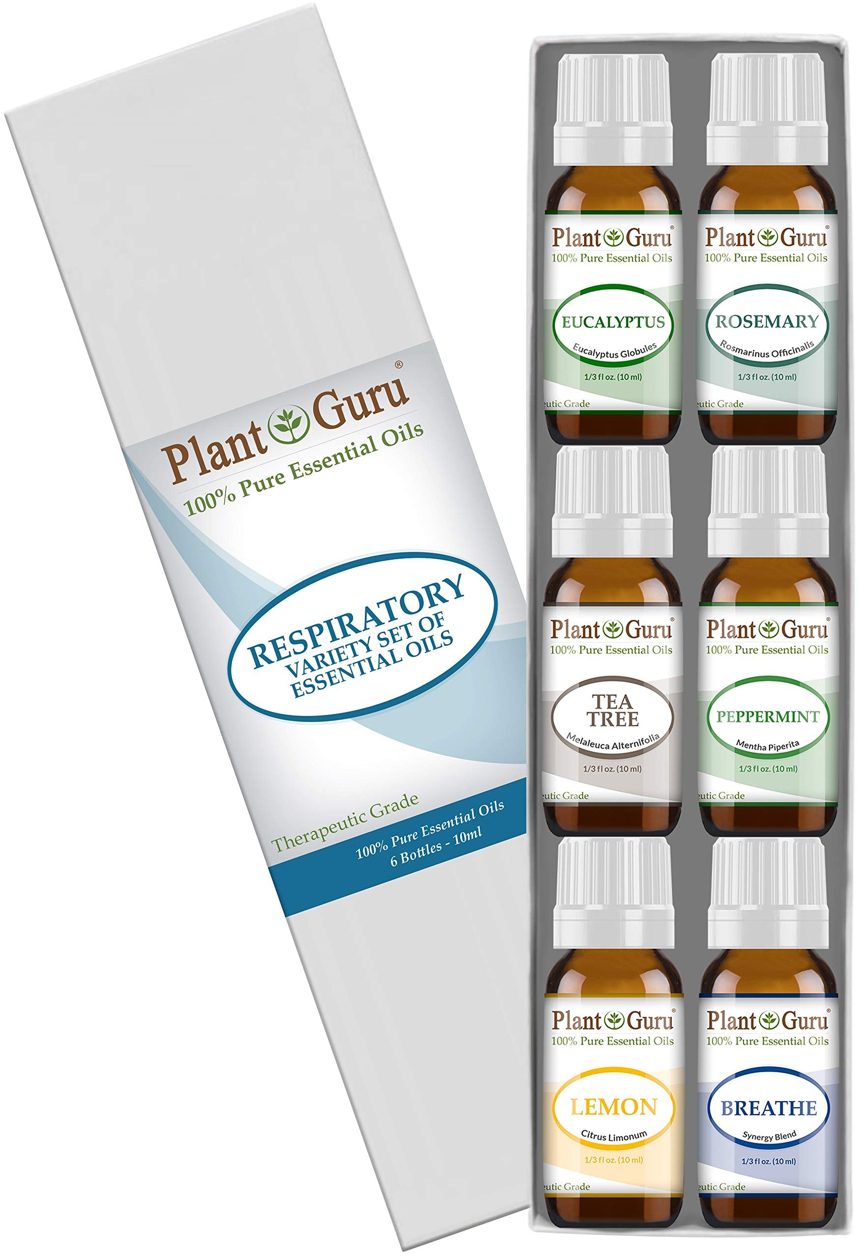 Plant Guru Respiratory Set with six pure oils displayed for versatile aromatherapy use.