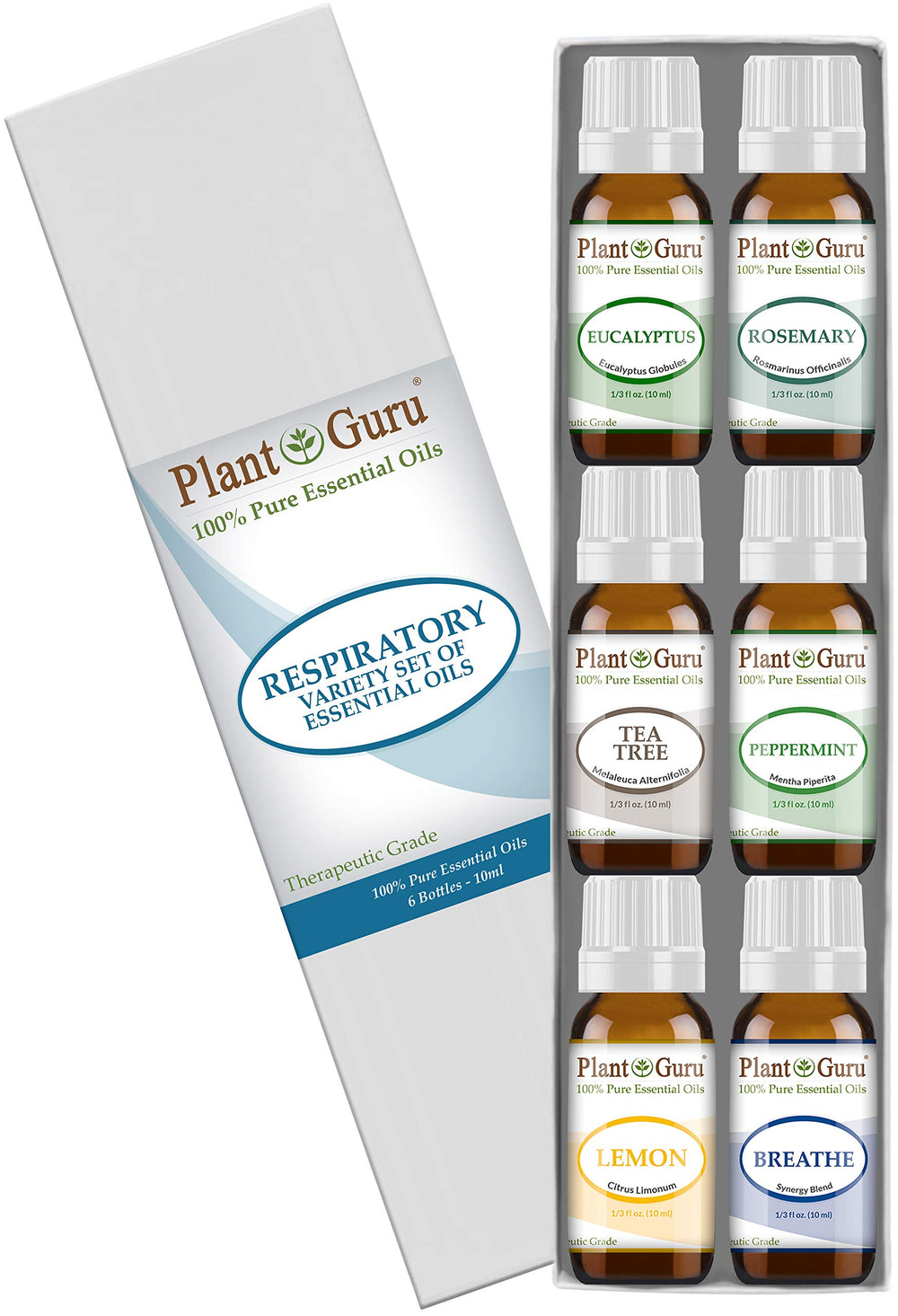 Plant Guru Respiratory Set with six pure oils displayed for versatile aromatherapy use.