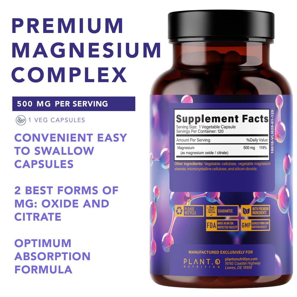 Label highlighting high absorption magnesium oxide and citrate 500mg
