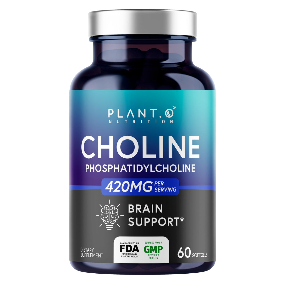PLANT.O NUTRITION Choline Phosphatidylcholine 430mg softgel bottle from a front view