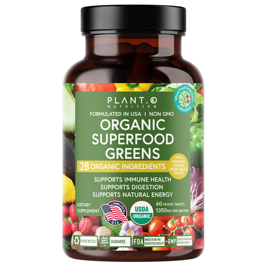 Bottle of Plant.O Organic Super Greens capsules and label