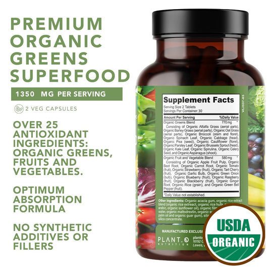 Close-up of greens and reds ingredients used in Plant.O supplement