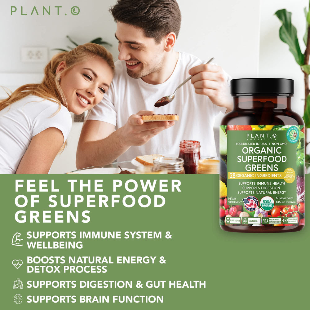 Plant.O Organic Super Greens veggie capsules on a white background