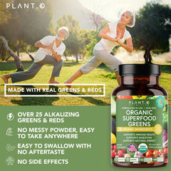Nutrition facts label and bottle of Plant.O Organic Super Greens