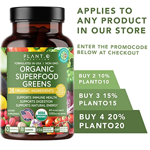 60 veggie tablets of Plant.O Organic Super Greens ready for daily use