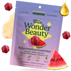 WonderBeauty Gummies bottle label featuring Tremella mushroom and marine collagen peptides