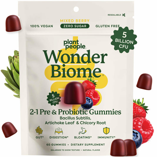 Bottle of Plant People WonderBiome 2-in-1 Probiotic + Prebiotic Gummies