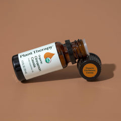 Essential oil bottle with dropper and cinnamon sticks