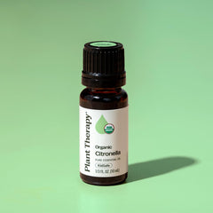 Amber glass bottle close-up of Plant Therapy Citronella Organic Essential Oil