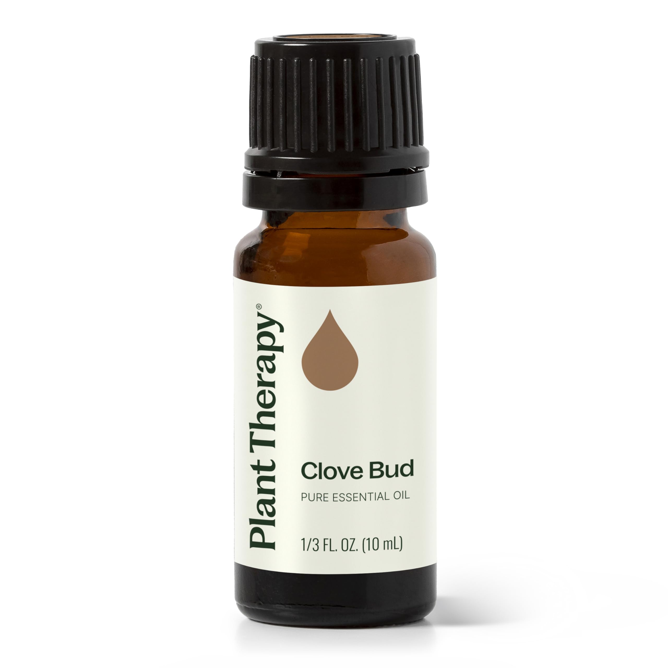 Bottle of Plant Therapy Clove Bud Essential Oil 10 mL on wooden surface