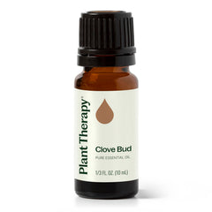 Bottle of Plant Therapy Clove Bud Essential Oil 10 mL on wooden surface