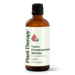 Bottle of Plant Therapy Frankincense Serrata essential oil (100 mL) with label