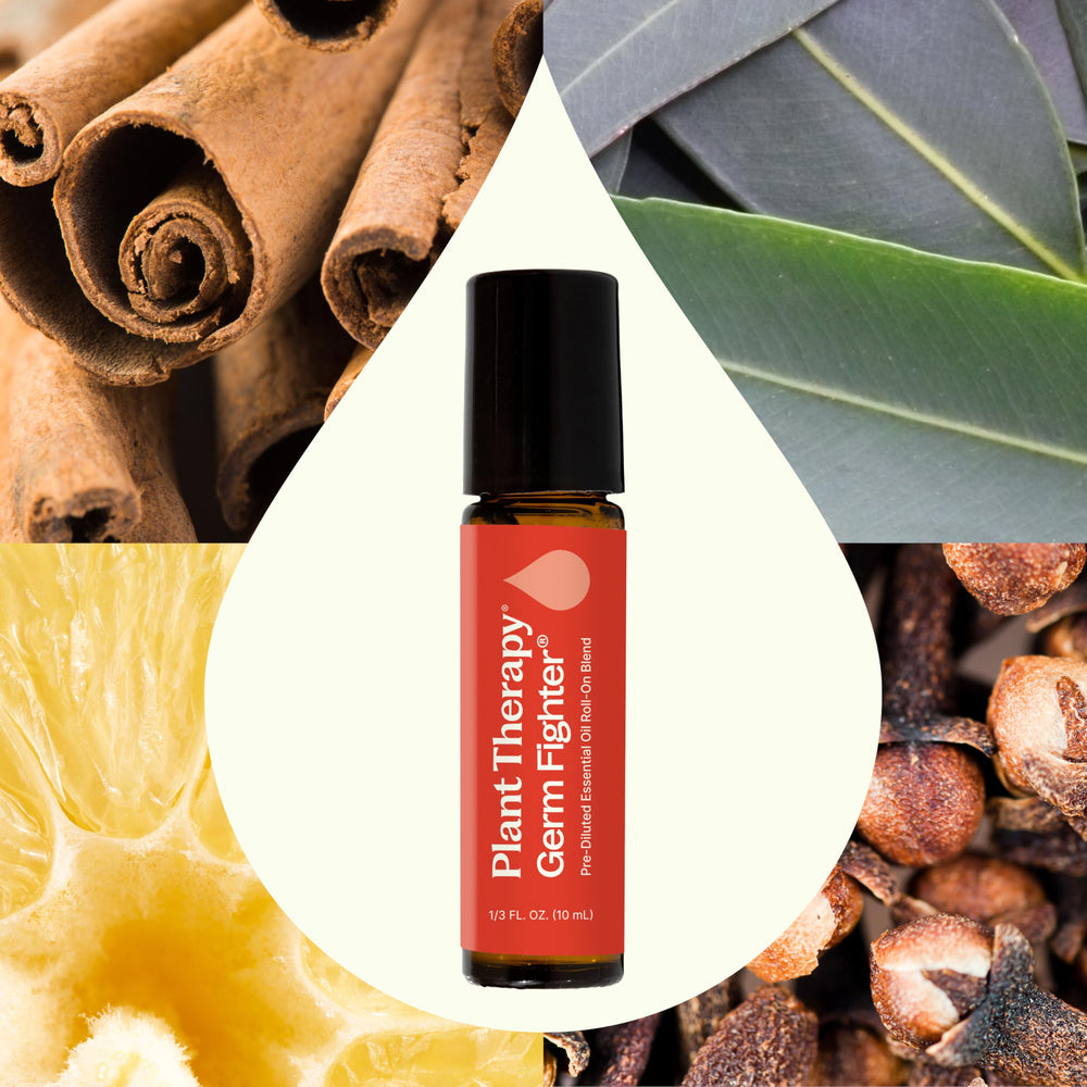 Close-up of Germ Fighter ingredients Lemon Clove Rosemary Eucalyptus