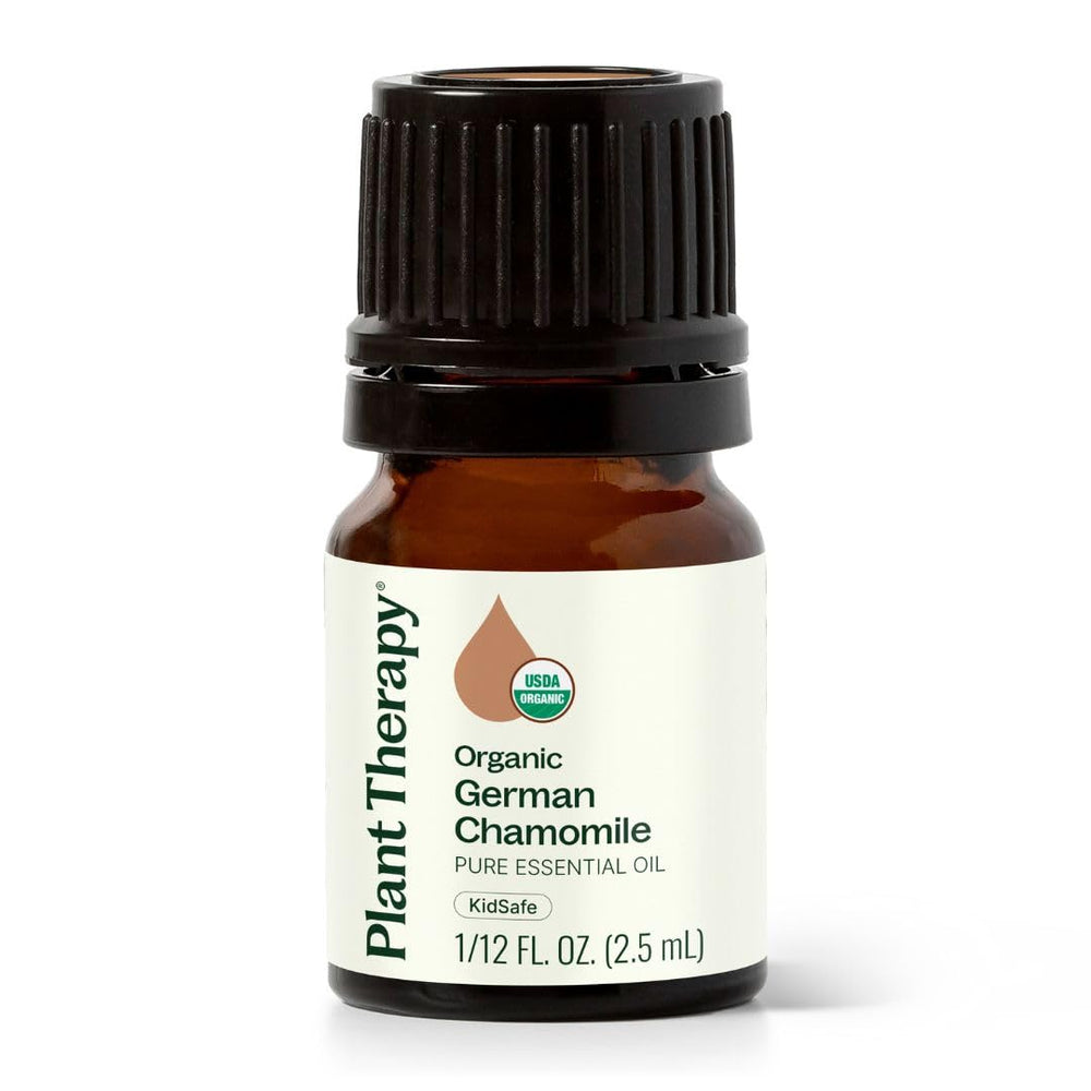 Amber glass bottle of Plant Therapy Organic German Chamomile Essential Oil 2.5 mL