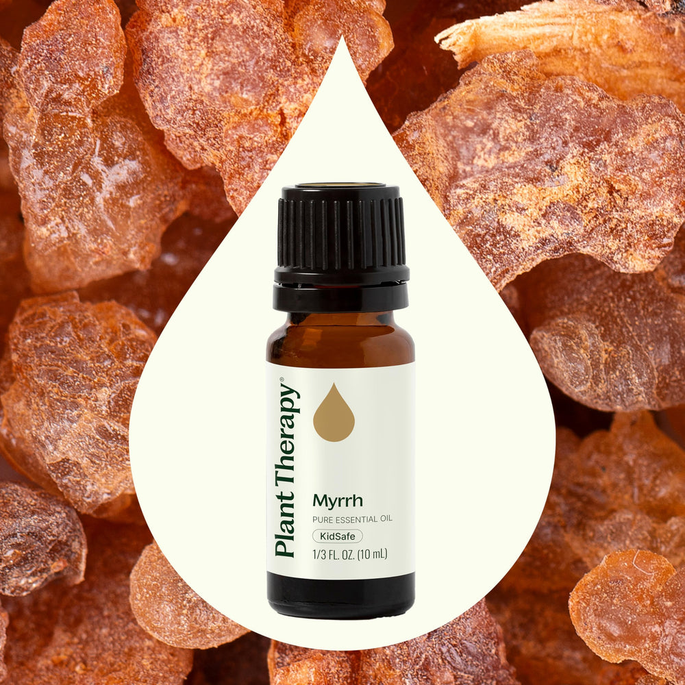 Close-up of Myrrh essential oil bottle label