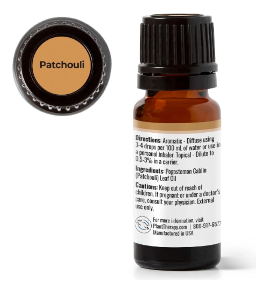 Plant Therapy Patchouli Essential Oil 10 mL bottle - label close-up
