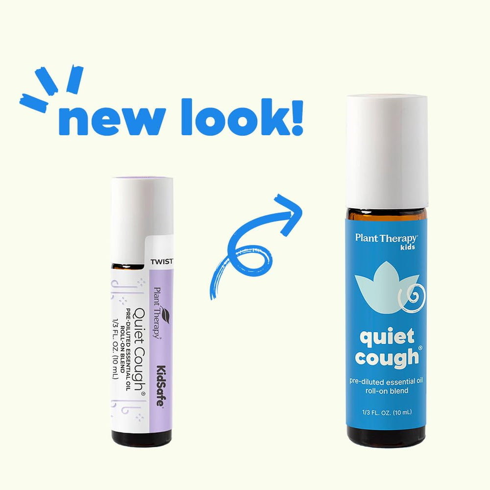 Ingredients panel on Plant Therapy Quiet Cough KidSafe Roll-On 10 mL