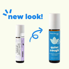 Ingredients panel on Plant Therapy Quiet Cough KidSafe Roll-On 10 mL