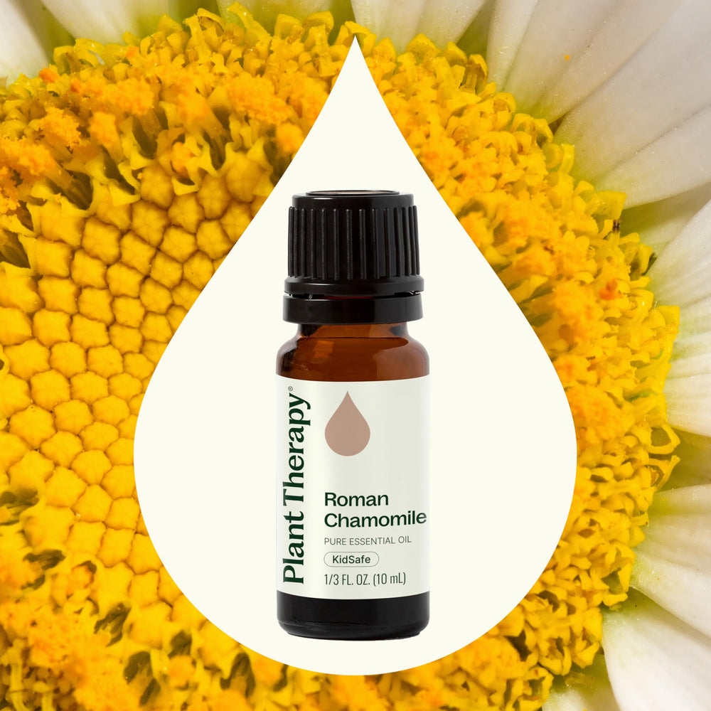 Dropper next to amber bottle of Roman Chamomile oil
