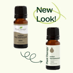 Plant Therapy Sandalwood Indian Oil label graphic with testing badge.
