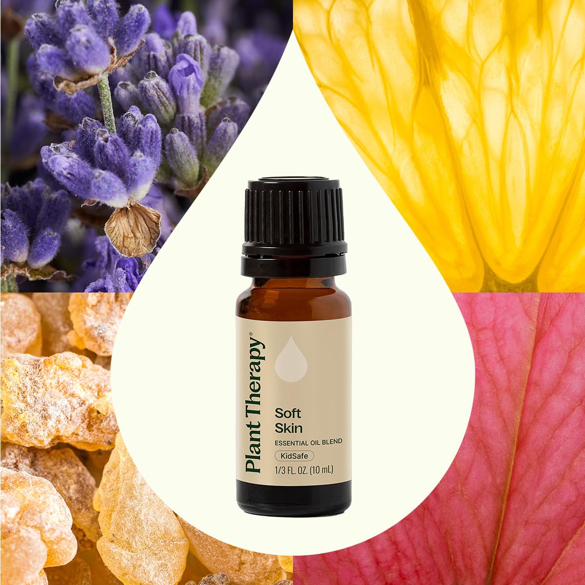 Plant Therapy Soft Skin Lavender oil component image emphasizing calming, soothing aroma and skin support.