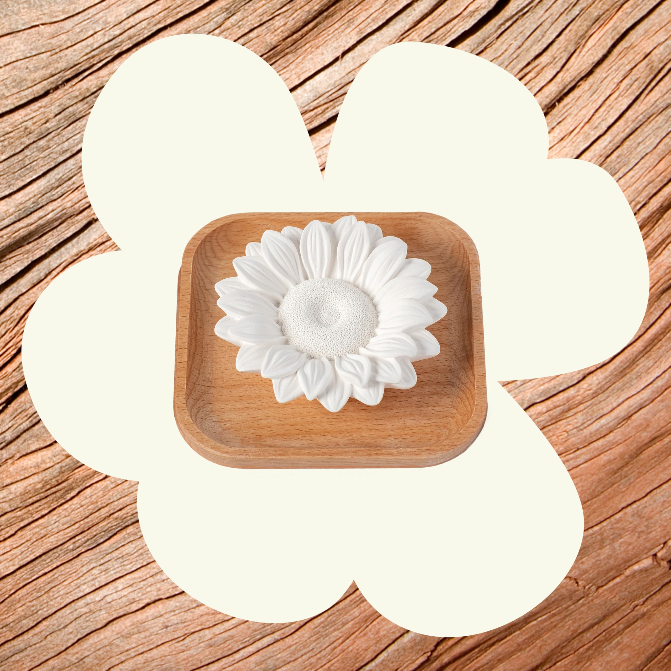 Sunflower diffuser side view showing natural wood base